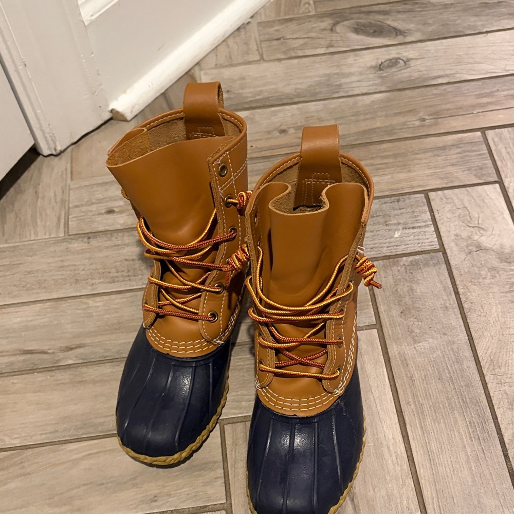 LL Bean Brown and Navy Duck Boots size 6